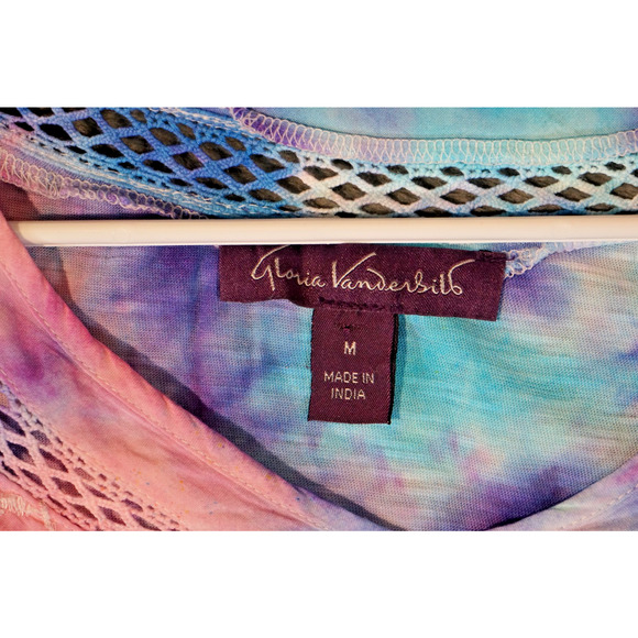 Gloria Vanderbilt Artisan Hand Dyed Purple Pink Lace Trim Tunic Tee M Floral Boh - Picture 3 of 8